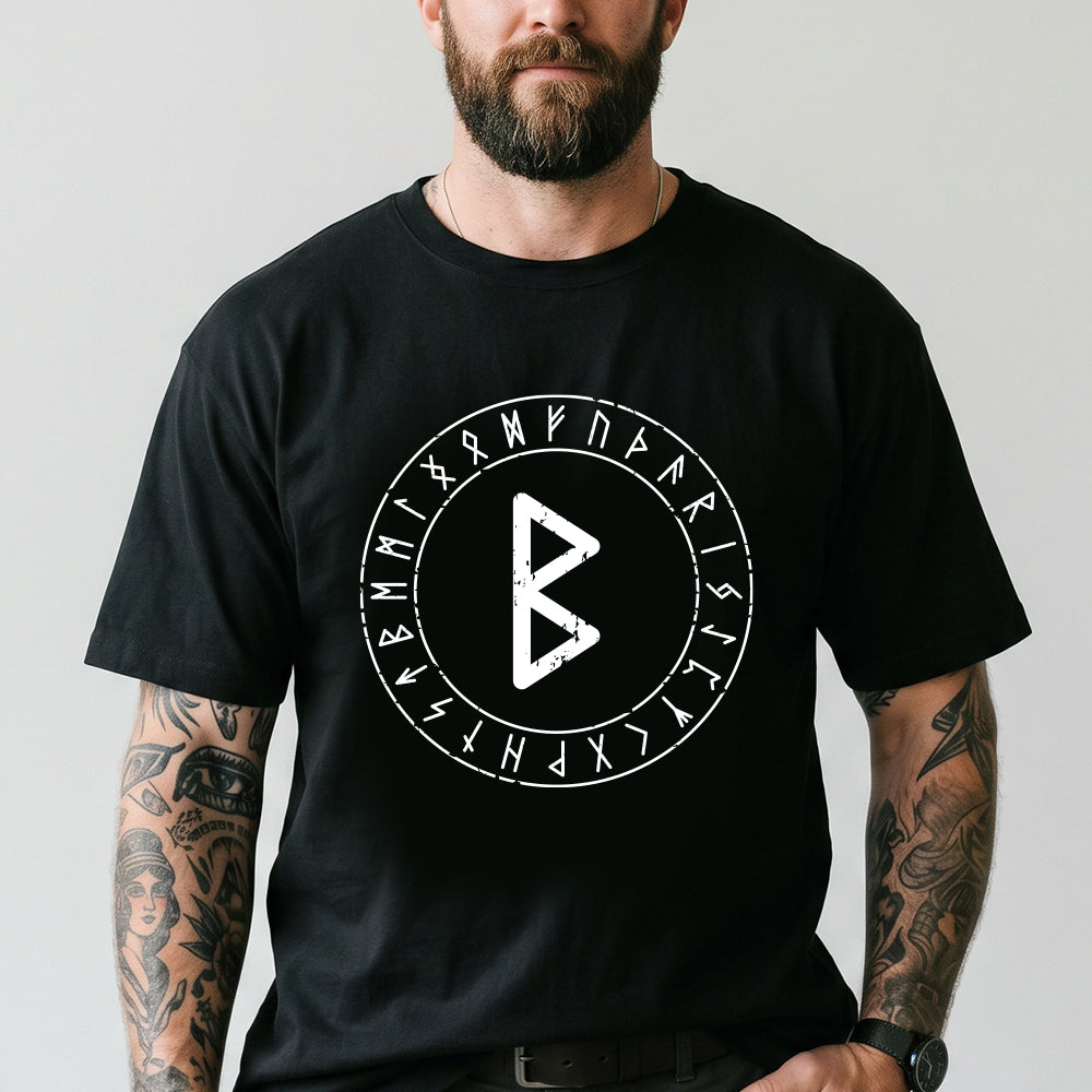 Man wearing a black t-shirt with a white rune symbol and text on a plain background