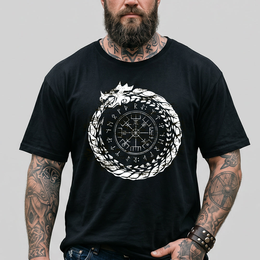 Viking Norse Rune Compass T Shirts Jormungandr Tee for Men