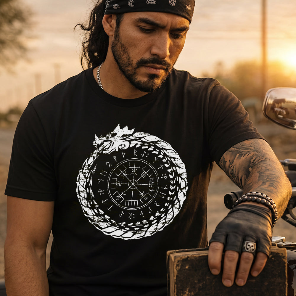 Viking Norse Rune Compass T Shirts Jormungandr Tee for Men Boyfriends
