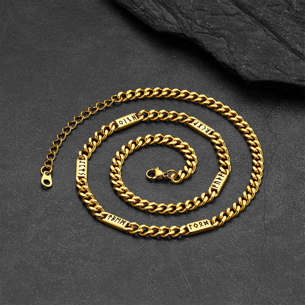Viking Rune Futhark Alphabet Cuban Link Chain Necklace for Men