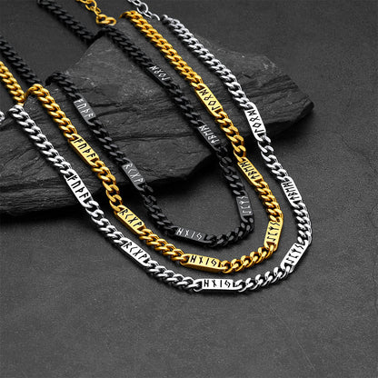 Viking Rune Futhark Alphabet Cuban Link Chain Necklace for Men