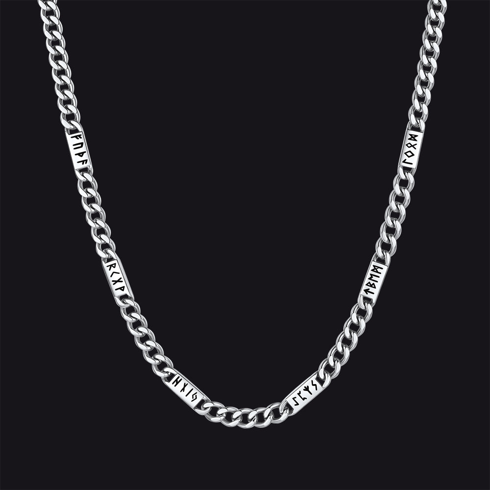 Viking rune Futhark alphabet Cuban link chain necklace in steel finish 5mm width