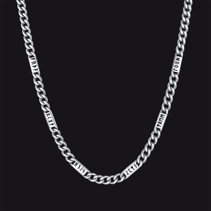 Viking rune Futhark alphabet Cuban link chain necklace in steel finish 5mm width