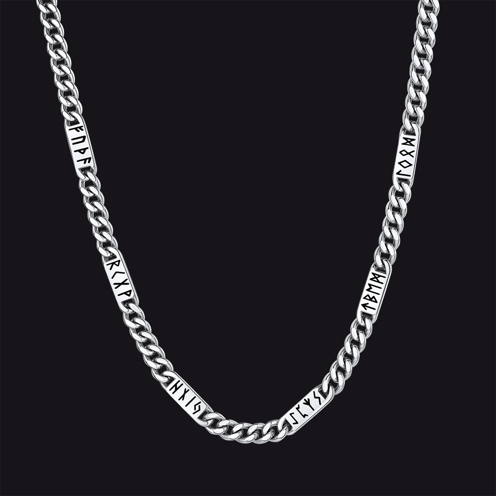 Viking rune Futhark alphabet Cuban link chain necklace in steel finish 7mm width