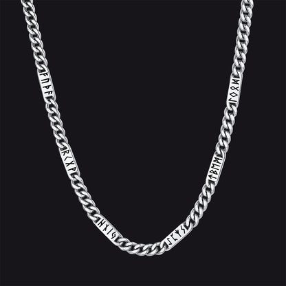 Viking rune Futhark alphabet Cuban link chain necklace in steel finish 7mm width