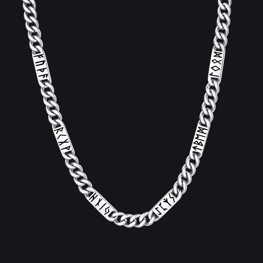 Viking rune Futhark alphabet Cuban link chain necklace in steel finish 9mm width
