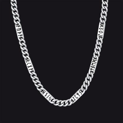 Viking rune Futhark alphabet Cuban link chain necklace in steel finish 9mm width