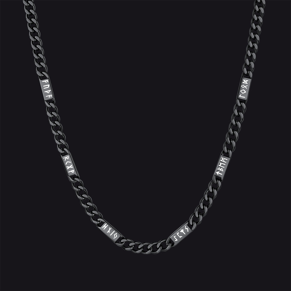 Viking rune Futhark alphabet Cuban link chain necklace in black finish 5mm width