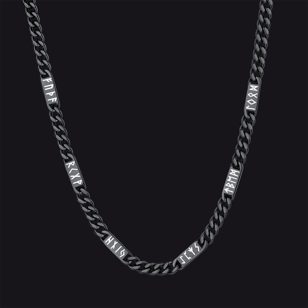Viking rune Futhark alphabet Cuban link chain necklace in black finish 7mm width