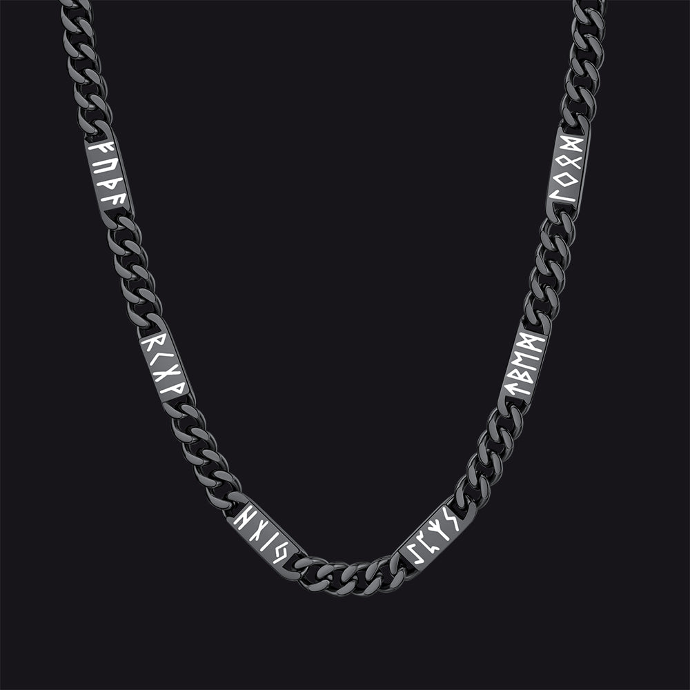 Viking rune Futhark alphabet Cuban link chain necklace in black finish 9mm width