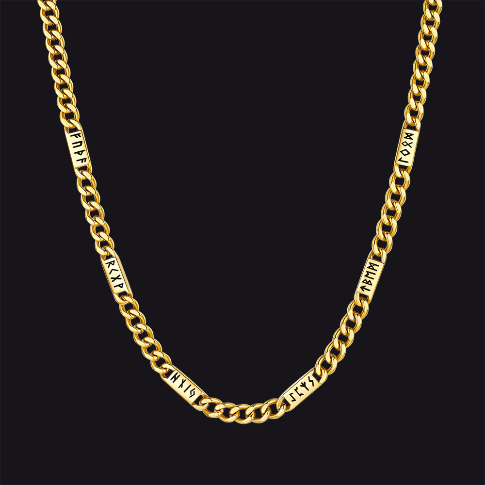 Viking rune Futhark alphabet Cuban link chain necklace in 14k gold finish 5mm width