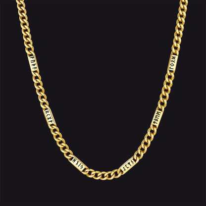 Viking rune Futhark alphabet Cuban link chain necklace in 14k gold finish 5mm width