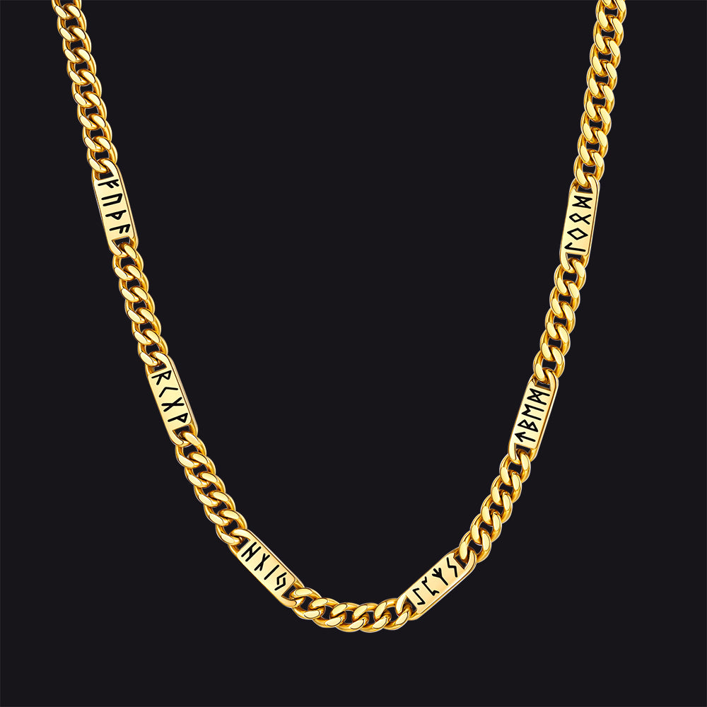 Viking rune Futhark alphabet Cuban link chain necklace in 14k gold finish 7mm width