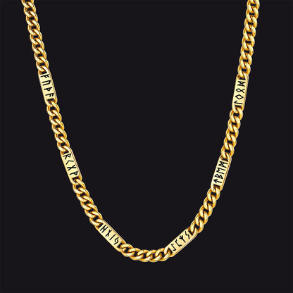 Viking rune Futhark alphabet Cuban link chain necklace in 14k gold finish 7mm width