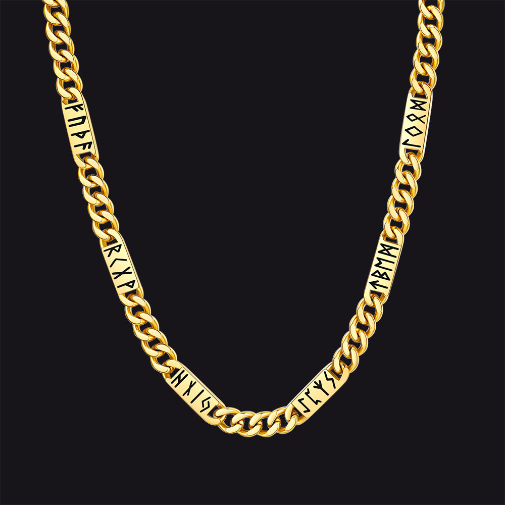 Viking rune Futhark alphabet Cuban link chain necklace in 14k gold finish 9mm width