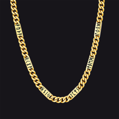 Viking rune Futhark alphabet Cuban link chain necklace in 14k gold finish 9mm width