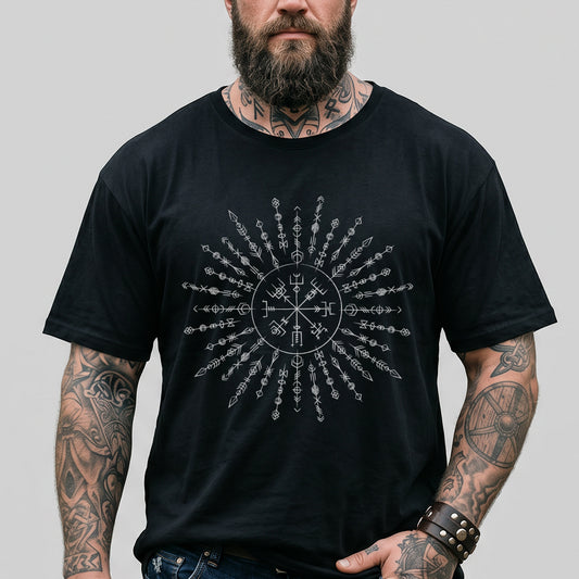 Viking Rune Symbols Compass Vegvisir T-Shirt for Men Boyfriend Husabandimg