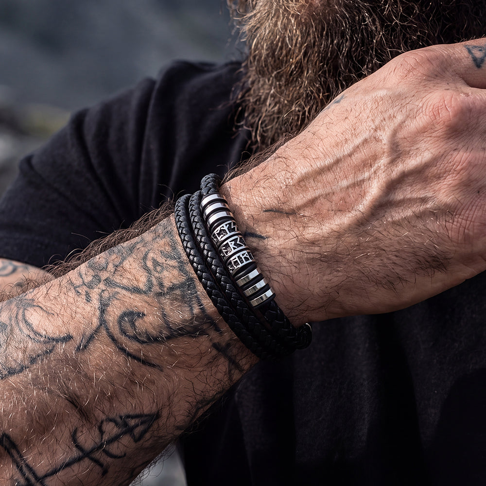 Viking Runes Leather Bracelet Norse Mythology Futhark Amulet Jewelry for Men Father