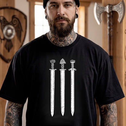 Man wearing a Norway Swords in Rock Tee, standing in a room with Viking-themed decor.