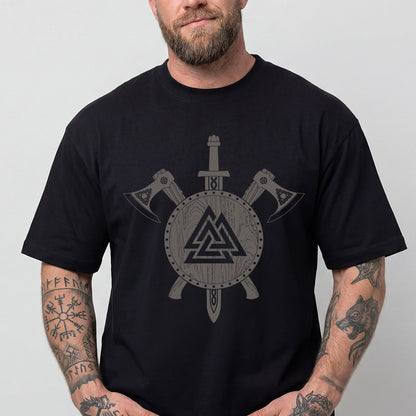 Man wearing a black Viking Valknut Shield Sword & Axes T-Shirt