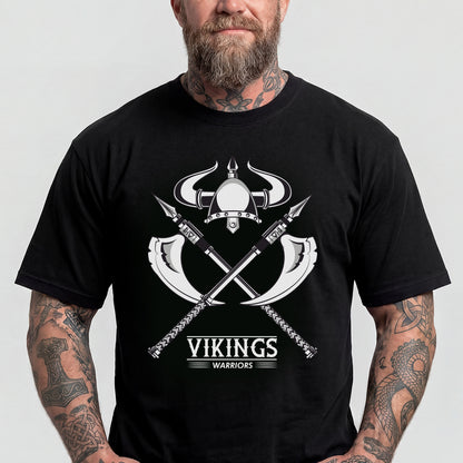 Man wearing a black t-shirt with Viking design and text on a plain background
