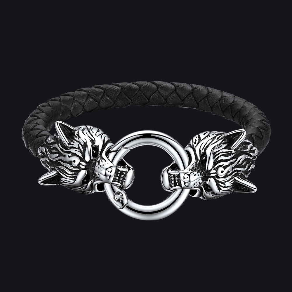 Viking Wolf Head Leather Bracelet Wristband for Men