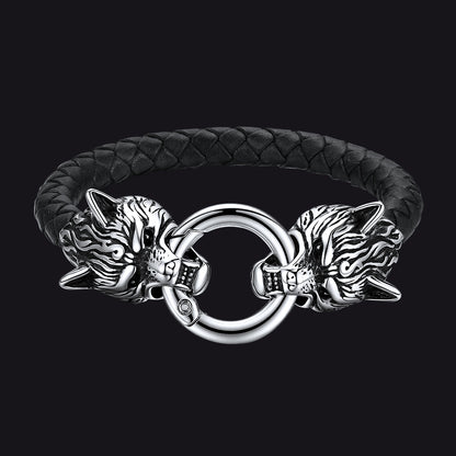 Viking Wolf Head Leather Bracelet Wristband for Men