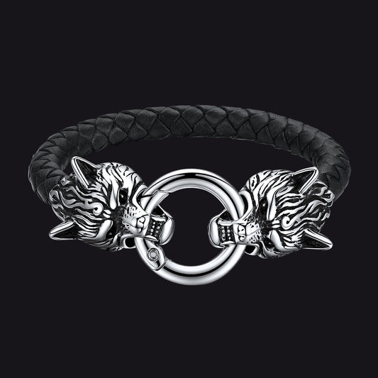 Viking Wolf Head Leather Bracelet Wristband for Menimg
