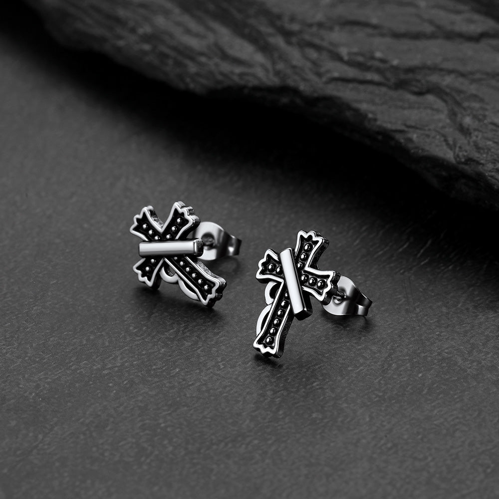 A pair of cross stud earring with antique finish, detailed retro religious jewelry for men
