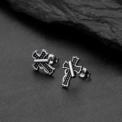 A pair of cross stud earring with antique finish, detailed retro religious jewelry for men