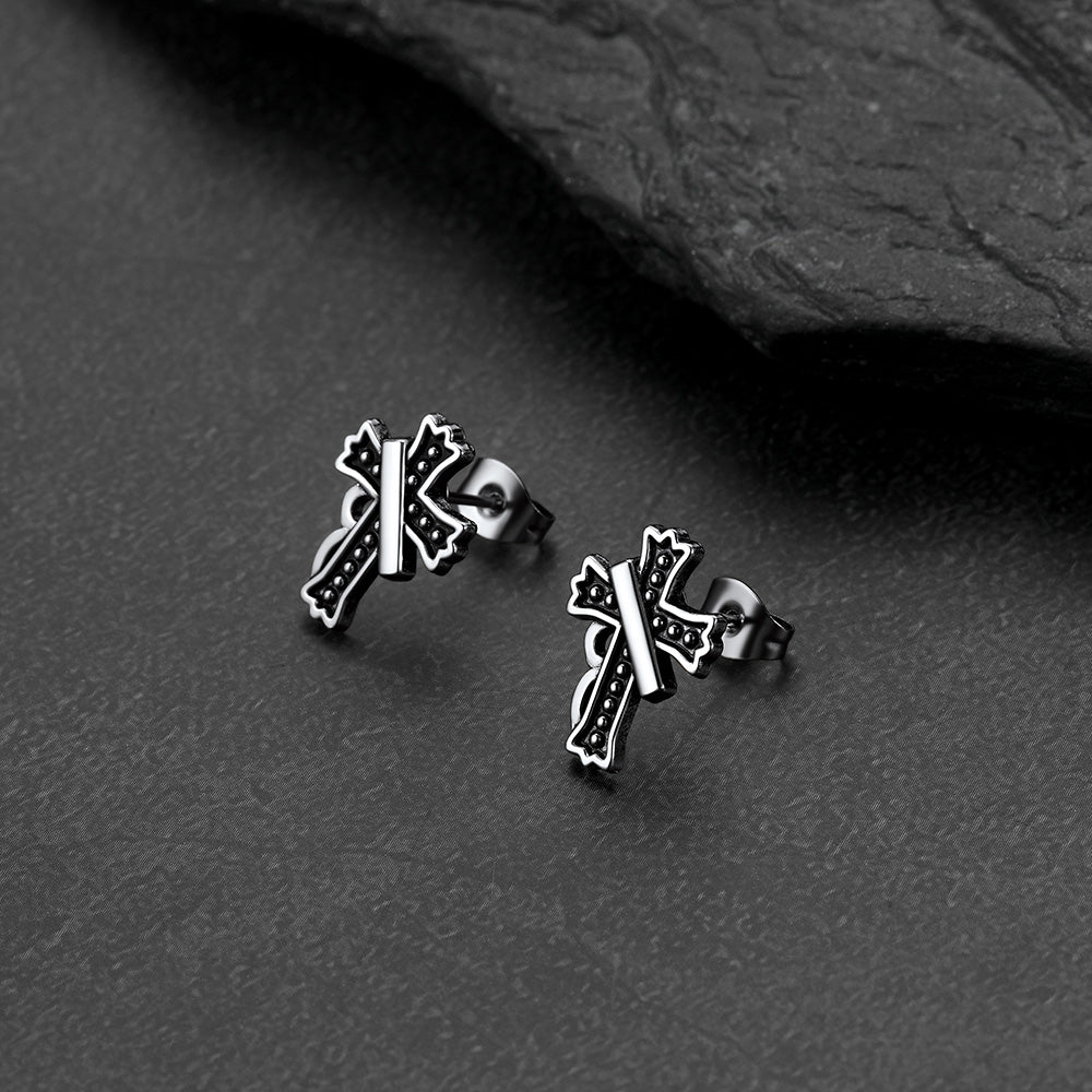 A pair of crucifix cross stud earring with antique finish, detailed retro religious jewelry for men