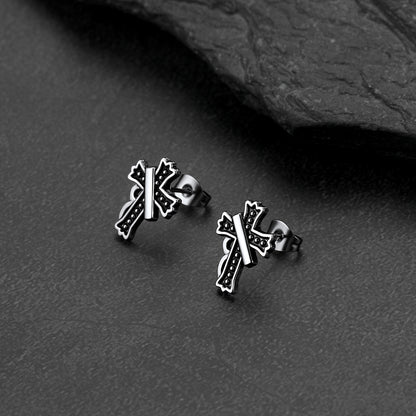 A pair of crucifix cross stud earring with antique finish, detailed retro religious jewelry for men