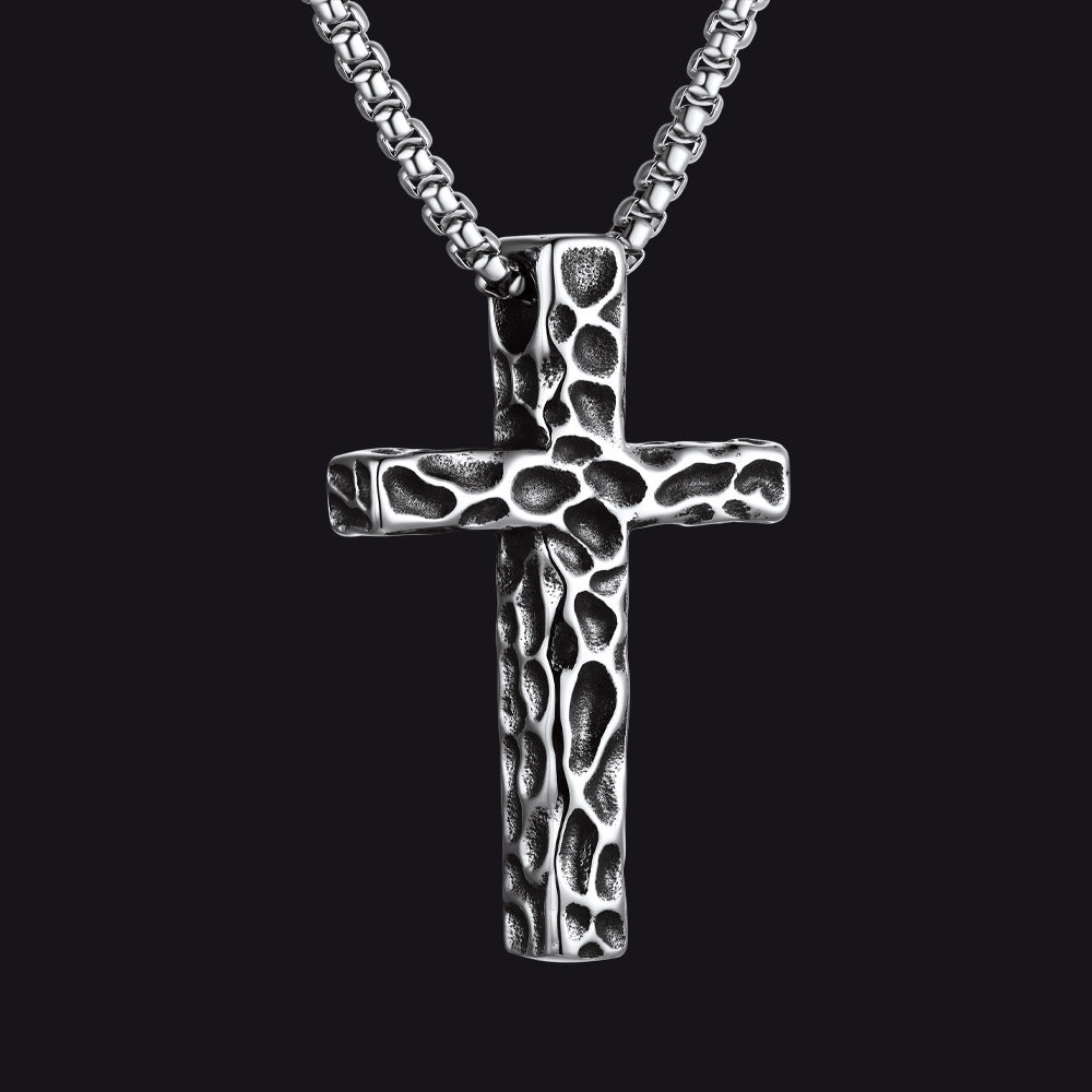 Large Men's Vintage Hammered Cross Necklace | Stainless Steel