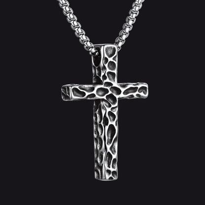 Large Men's Vintage Hammered Cross Necklace | Stainless Steel