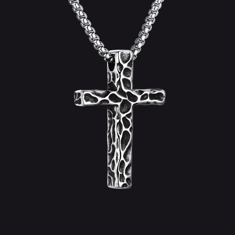 Medium Men's Vintage Hammered Cross Necklace | Stainless Steel