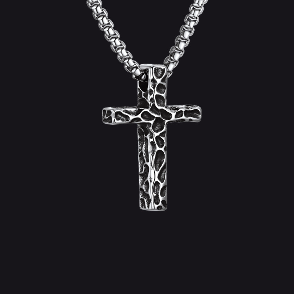 Small Men's Vintage Hammered Cross Necklace | Stainless Steel