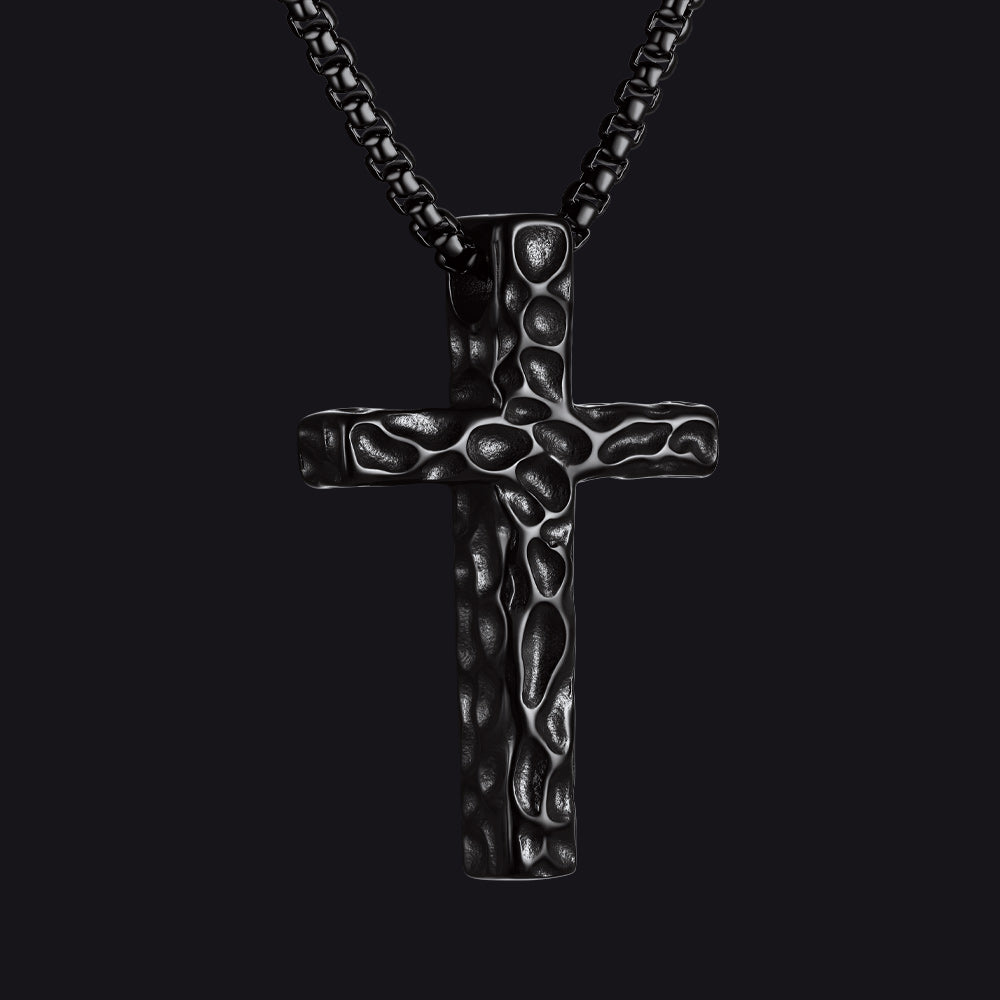 Large Men's Vintage Hammered Cross Necklace | Stainless Steel
