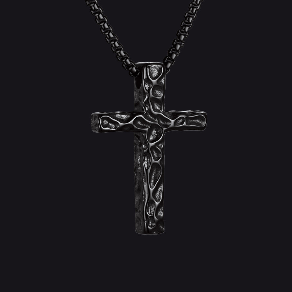 Medium Men's Vintage Hammered Cross Necklace | Stainless Steel