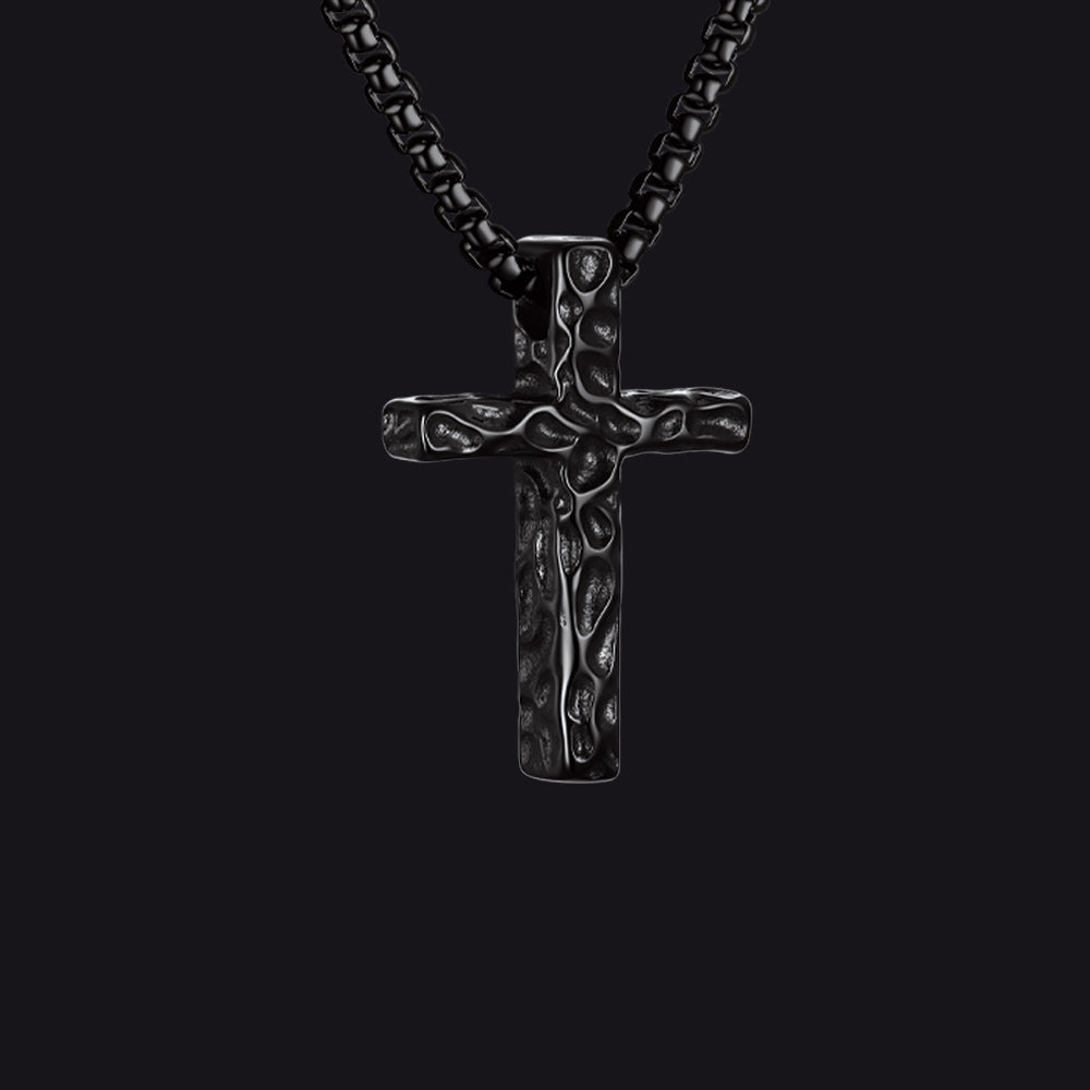 Small Men's Vintage Hammered Cross Necklace | Stainless Steel