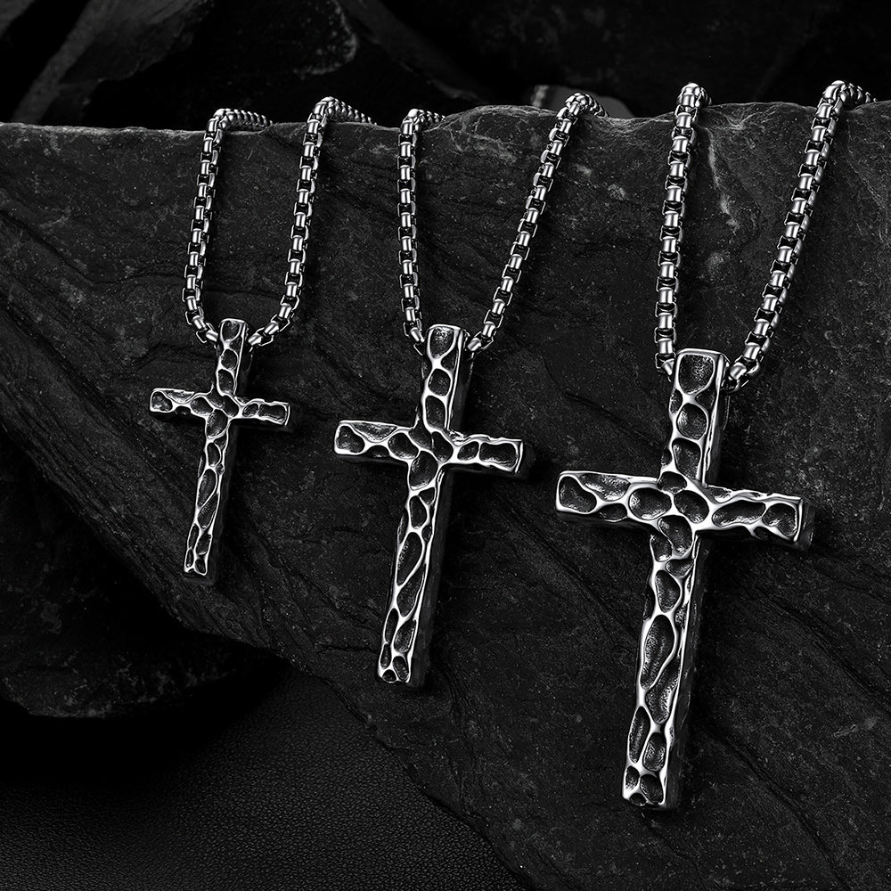Small Medium Large Men's Vintage Hammered Cross Necklace | Stainless Steel