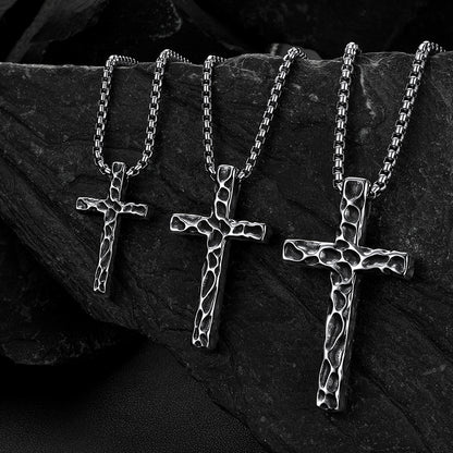 Small Medium Large Men's Vintage Hammered Cross Necklace | Stainless Steel