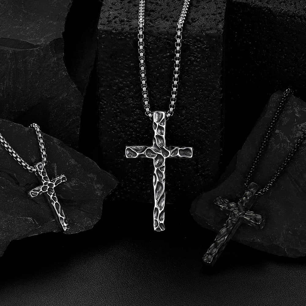 Men's Vintage Hammered Cross Necklace | Stainless Steel