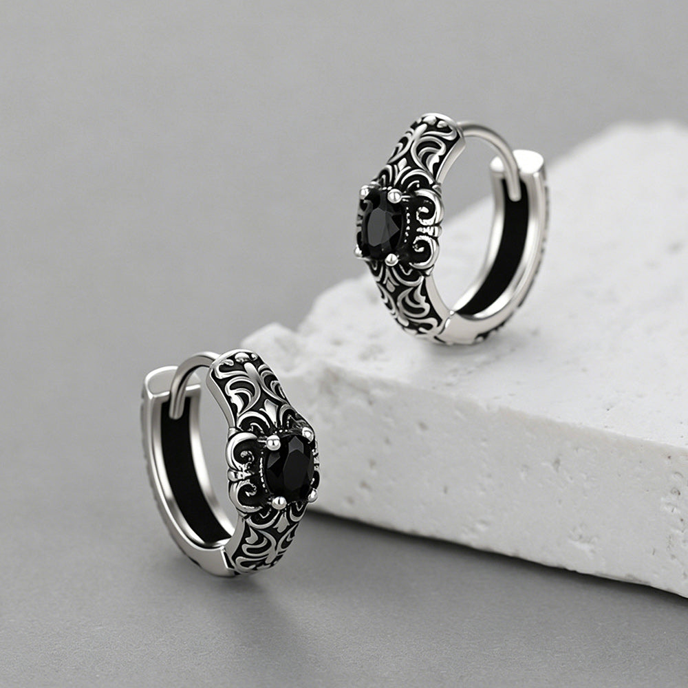 Vintage Tang Grass Pattern Hoop Earrings with Black Onyx for Men Husband