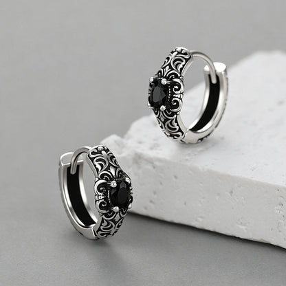 Vintage Tang Grass Pattern Hoop Earrings with Black Onyx for Men Husband