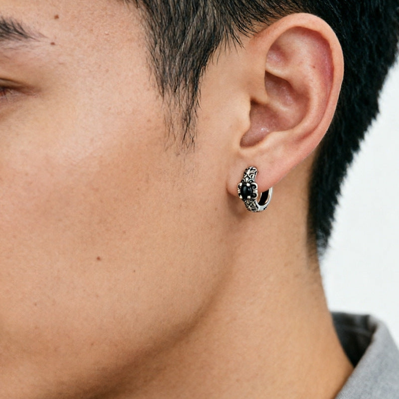 Vintage Tang Grass Pattern Hoop Earrings with Black Onyx for Men