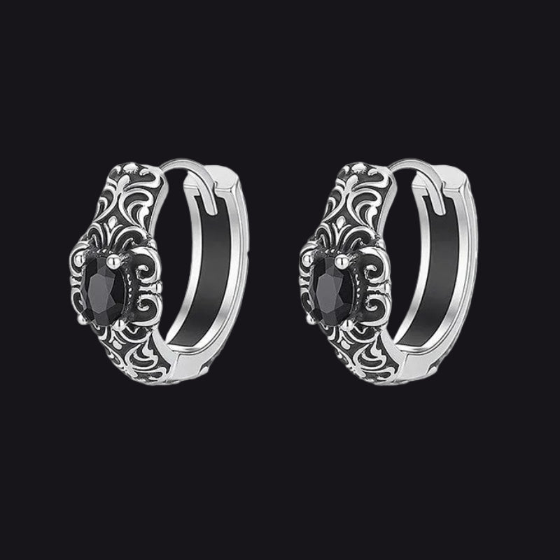 Vintage Tang Grass Pattern Hoop Earrings with Black Onyx for Men