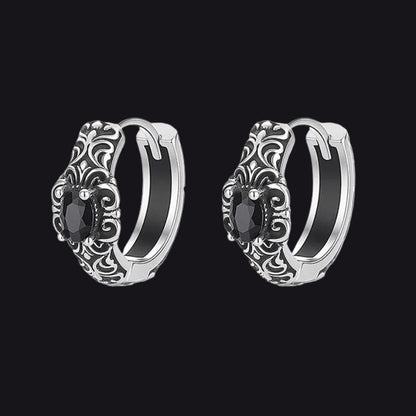 Vintage Tang Grass Pattern Hoop Earrings with Black Onyx for Men