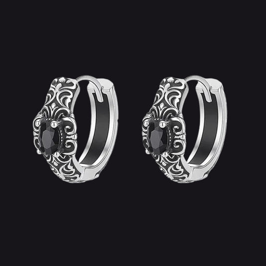 Vintage Tang Grass Pattern Hoop Earrings with Black Onyx for Menimg