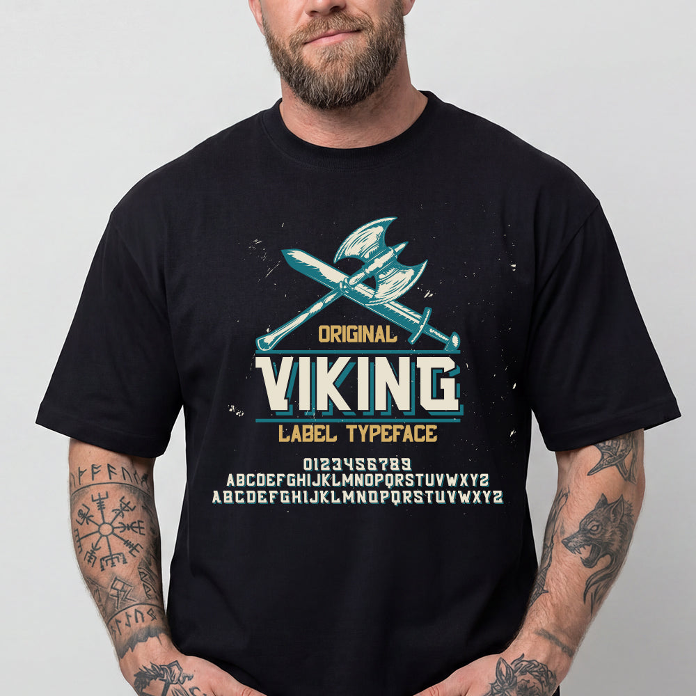 Man wearing a black t-shirt with Viking Norse Axes design and text.