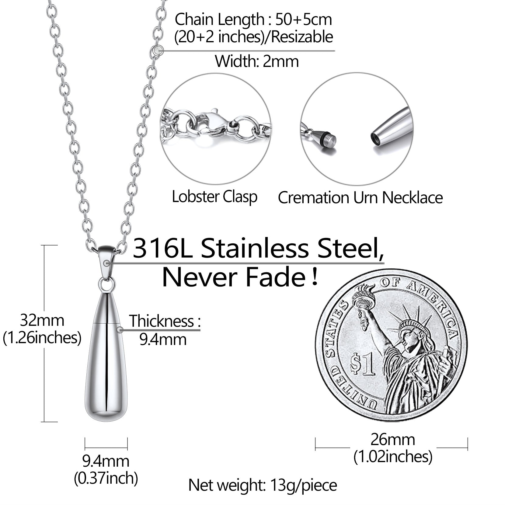 Personalized Water Drop Urn Necklace for Ashes for Men Women Cremation Jewelry